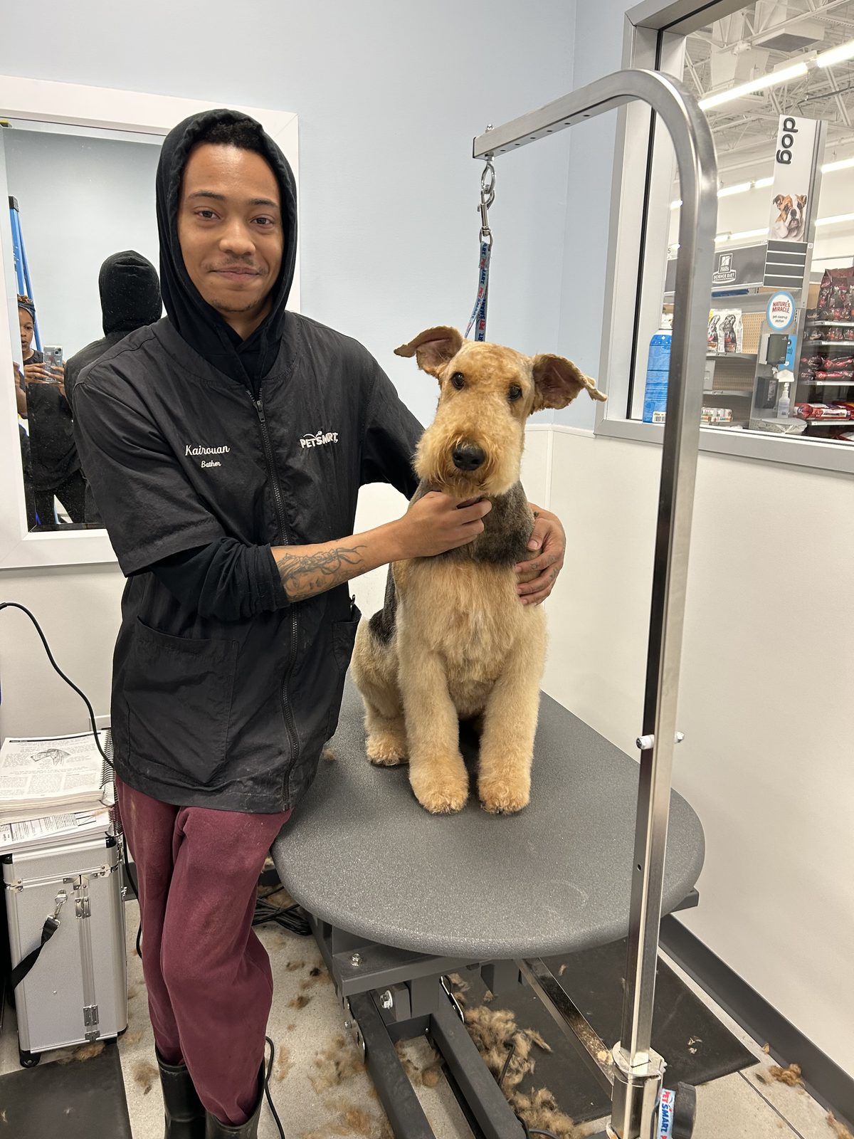 Groomer with a freshly styled terrier after a polished finish at Global Pawdicure Palace.